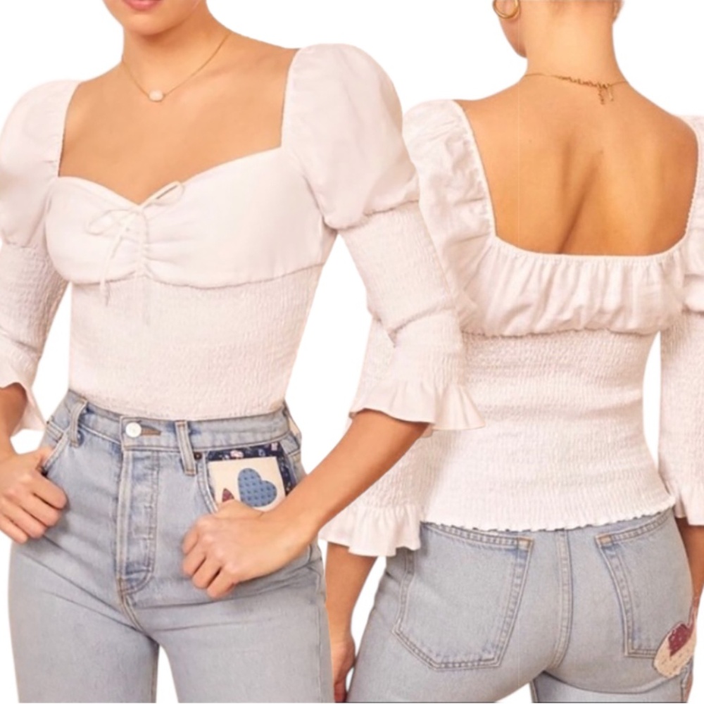 Reformation Haven White Smocked Linen Puff Sleeve Top Size M